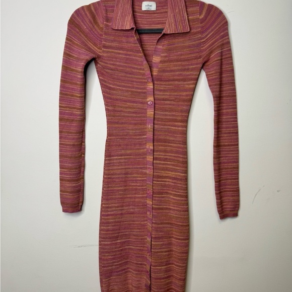 Aritzia Wilfred XS Stripe Ribbed Stretchy Knit Button Down 90s Midi Dress - Picture 2 of 14